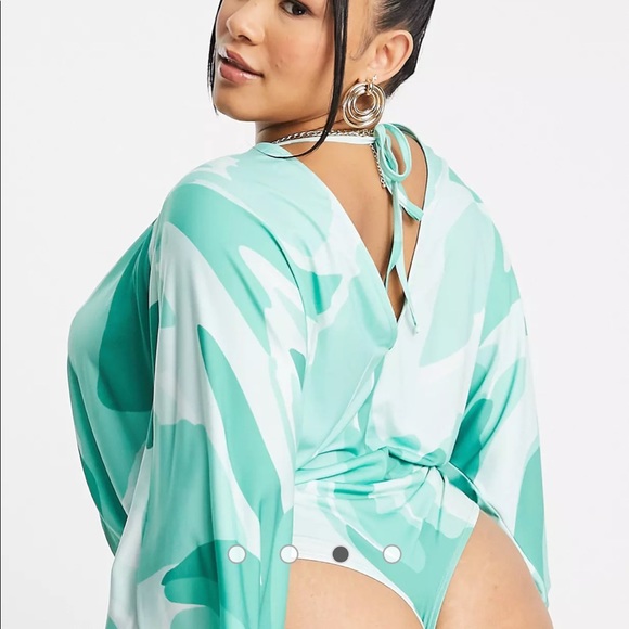 ASOS Curve angel sleeve bodysuit in mint abstract print - Picture 4 of 4